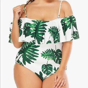 Woman’s One Piece Plus Size Flounce Off Shoulder Printed tropical White 2xl EUC